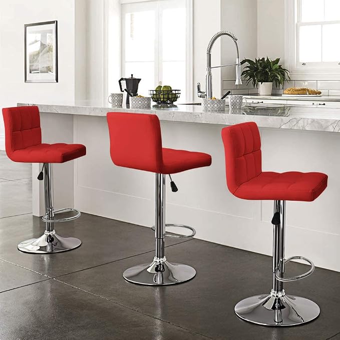 Furniwell Bar Stools Modern Pu Leather Swivel Adjustable Barstools Armless Counter Height Swivel Bar Stool Synthetic Leather Height Square Barstool with Set of 2 (Red)