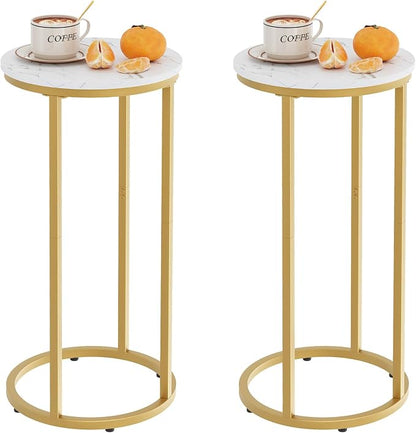 C Shaped End Table, Couch Side Tables for Living Room, Round Sofa End Table with Metal Frame, Small Wooden Snack Table for Bedroom, Small Spaces, Easy Assembly (Gold,2pcs)
