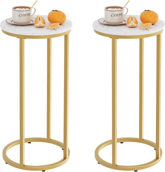 C Shaped End Table, Couch Side Tables for Living Room, Round Sofa End Table with Metal Frame, Small Wooden Snack Table for Bedroom, Small Spaces, Easy Assembly (Gold,2pcs)