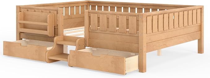 Bellemave Queen Size Bed with Slats and Stairs, Queen Size Platform Bed Frame with Fence, Bookshelf and Storage Drawers, Easy Assemble Beds for Girls, Boys, Deep Natural