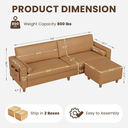 Vesgantti 100" Faux Leather Sofa with Movable Ottoman, Wide Seating L Shaped PU Leather Couch with Side Pocket, Comfy Mid Century Modern Modular Sectional Sofa for Living Room, Office, Camel