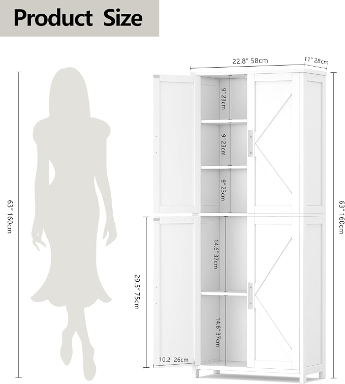 Akxomel Tall Bathroom Storage Cabinet, 11 x 22.8 x 63 Inches, Floor Cabinet with Barn Doors, Adjustable Shelf, Linen Pantry Cabinet for Kitchen, Laundry Room, Living Room, Entryway, White