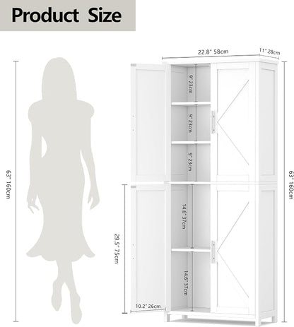 Akxomel Tall Bathroom Storage Cabinet, 11 x 22.8 x 63 Inches, Floor Cabinet with Barn Doors, Adjustable Shelf, Linen Pantry Cabinet for Kitchen, Laundry Room, Living Room, Entryway, White