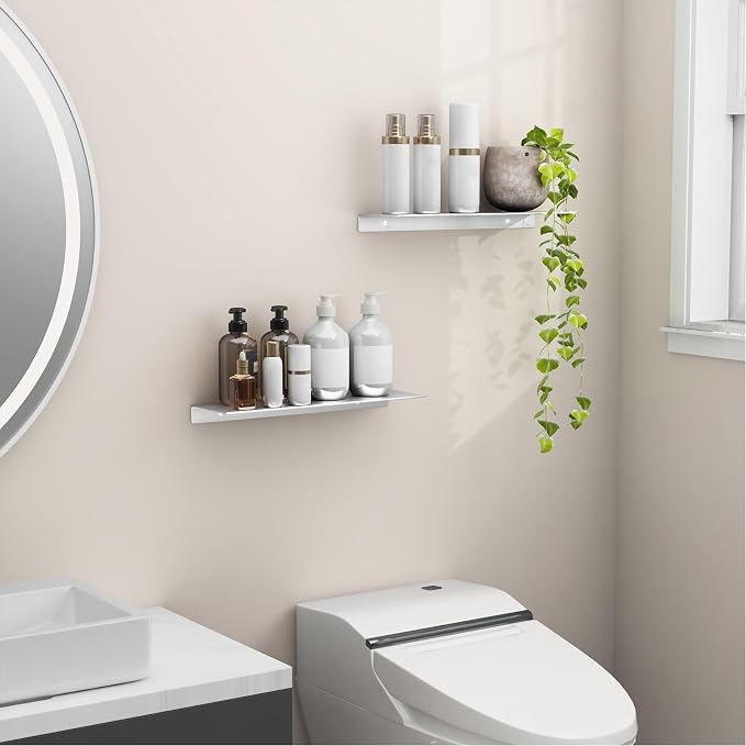 Danpoo 16 inch Metal Floating Shelves for Wall Organizer & Storage, Display Shelves for Bathroom, Living Room, Kitchen, Bedroom(Silver, 2-Pack)
