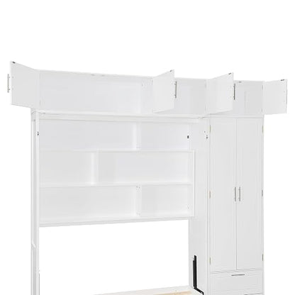 Murphy Bed Queen Size,Murphy Bed with Top Cabinet and Shelves,Space-Saving Multifunctional Hideaway Wall Foldable Bed w/Slat Support,Bedroom Folding Bedframe for Guest Room,White