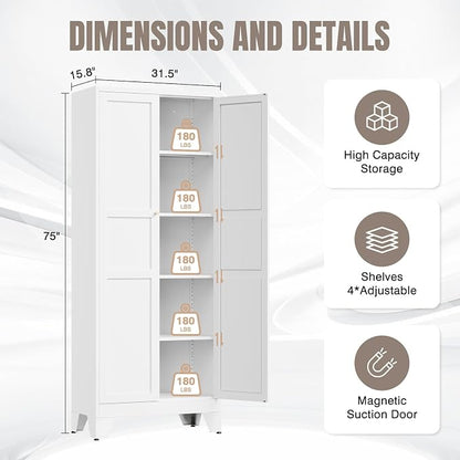 Yizosh Metal Pantry Cabinet, 75" Kitchen Pantry with 2 Door and 4 Adjustable Shelves,White Metal Pantry Storage Cabinet,Cupboard for Kitchen,Dining Room,Living Room and Bathroom
