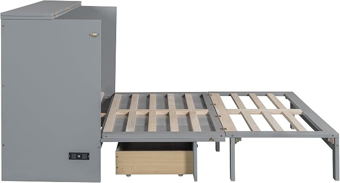 Ball & Cast Murphy Bed Queen Size Bedroom Folding Wall Cabinets Frame with Large Drawer and USB Ports,Hideaway Bed w/Tri-Fold Mattress Design,for Guest Room,Study,Office,Gray