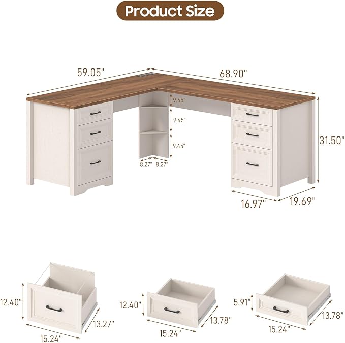Vabches Wood L Shaped Executive Desk with 6 Drawers, Farmhouse Home Office Desk with Power Outlets and Triangle Under-Desk Storage Shelf & Drawer File Cabinet, Corner Computer Desk, Brown