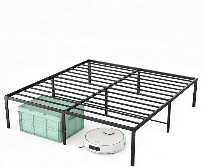 Sweetcrispy Queen Size 16 Inch Platform Bed Frame, Heavy Duty Metal Foundation Frame, Noise-Free Sturdy Steel Slats, Underbed Storage, No Box Spring Needed, Quick Setup