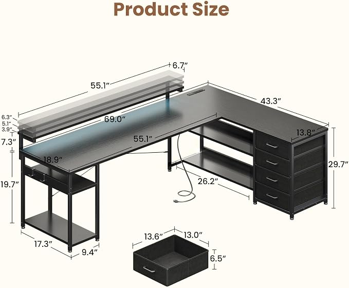 AODK 69" L Shaped Desk with Drawer, Computer Desk with Power Outlets & LED Lights, Reversible Corner Gaming Desks for Home Office Workstation, Office Table with Monitor Shelf, Black