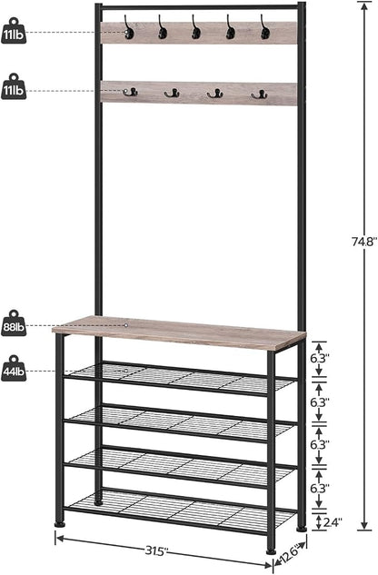 HOOBRO Hall Tree, Coat Rack with Shoe Rack, Hall Tree with Bench, 5 Tier Shoe Storage Organizer with 9 Hooks for Entryway, Closet, Sturdy, Industrial, Greige and Black BG80MT01G2