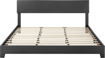 SHA CERLIN PU Leather Upholstered King Size Bed Frame with Headboard,Black | Adjustable Low-Profile Platform Bed, Minimalist Design, Stable Mattress Foundation, Strong Back-Support, No Box Spring Needed