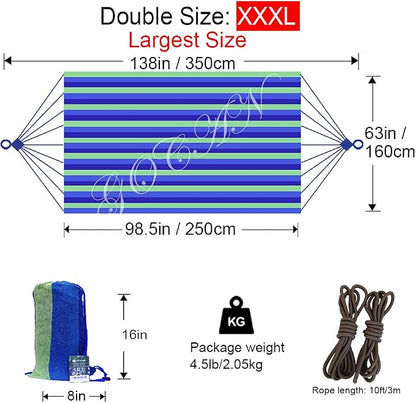 GOCAN Brazilian Double Hammock 2 Person Extra Large Canvas 250x160cm Total Length 350cm Load 500lb Cotton Hammock for Garden Outdoor and Indoor