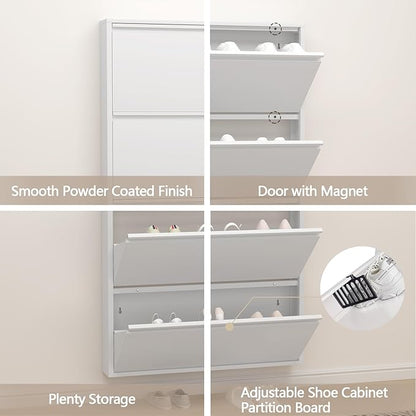GREATMEET Shoe Rack for Closet, 6 Inch Slim Wall Mounted Shoe Cabinet, Narrow White Hidden Metal Shoe Storage with 4 Flip Drawers, Tall 57 Inch Steel Organizer Rack for Entryway Hallway Small Spaces