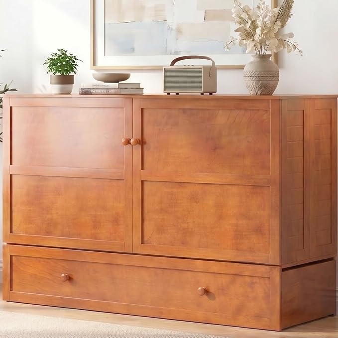 Mjkone Murphy Bed Queen with Mattress Included, Cabinet Murphy Bed with USB Charging Station & Storage Drawer, Mobile Cube Murphy Cabinet Chest Bed for Living Room Bedroom Apartment, Cherry