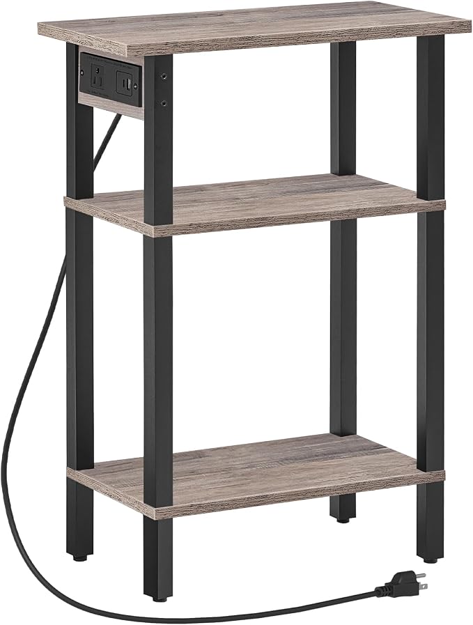 HOOBRO Narrow Side Table, 3-Tier Slim End Table with Charging Station, Skinny Nightstand with Open Storage, for Small Spaces, Living Room, Bedroom, Study, Rustic Brown and Black BG340UBZ01