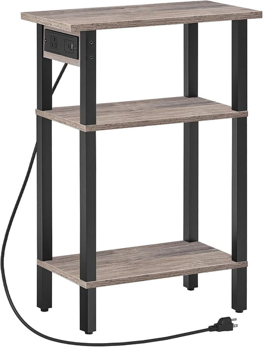 HOOBRO Narrow Side Table, 3-Tier Slim End Table with Charging Station, Skinny Nightstand with Open Storage, for Small Spaces, Living Room, Bedroom, Study, Rustic Brown and Black BG340UBZ01