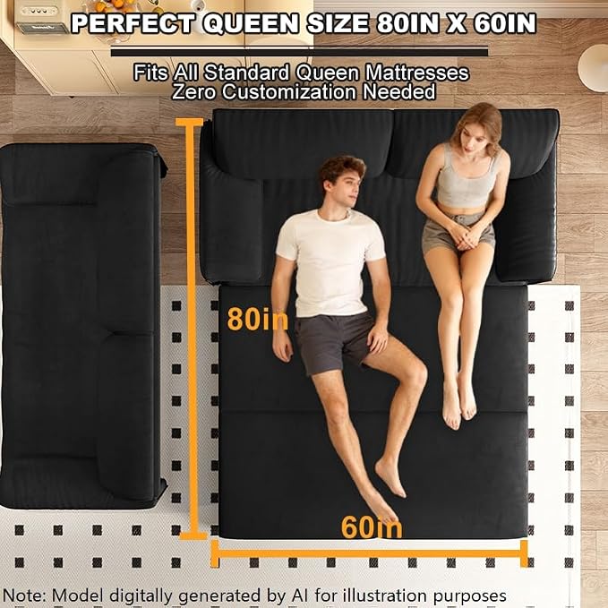 63.8" Sofa Bed Queen Size, Pull Out Couch Bed, 3-in-1 Convertible Sleeper Sofa with Side Pocket, Modern Velvet Futon Couch for Living Room, Small Space, Apartment, Bedroom, Black