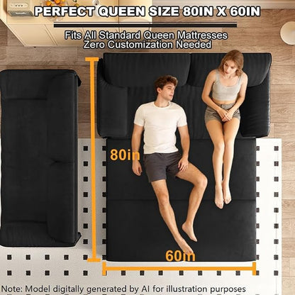 63.8" Sofa Bed Queen Size, Pull Out Couch Bed, 3-in-1 Convertible Sleeper Sofa with Side Pocket, Modern Velvet Futon Couch for Living Room, Small Space, Apartment, Bedroom, Black