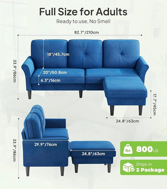 Welzona Sofas for Living Room, 83" Velvet Sectional Couch with Moveable Ottoman, Midcentury Modern Small Sectional Couch, L Shape Sofa & 2 Seater, Couches for Living Room, Apartment, Bedroom