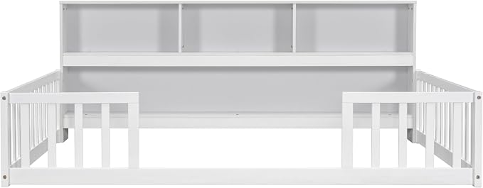Bellemave Kids Montessori Floor Bed,Full Size Floor Bed with Bookcase and Shelves,Full Bed Frame with Guardrails for Kids,Girls,Boys,Full,White