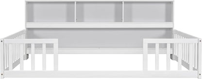 Bellemave Kids Montessori Floor Bed,Full Size Floor Bed with Bookcase and Shelves,Full Bed Frame with Guardrails for Kids,Girls,Boys,Full,White