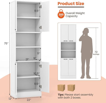 Giantex Kitchen Pantry Cabinet, 75” Tall Freestanding Cupboard with Doors & Shelves, Safety Hinges & Anti-Tipping Devices, Storage Sideboard for Dining Room, Living Room (White)