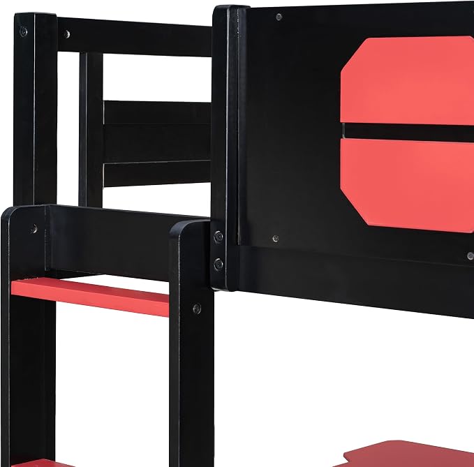 Merax Wooden Full Over Full Bunk Bed with 2 Side Desks, USB Desktop Ports and Pegboard Organizer, Gaming Bunk Bed for Gamer, Kids or Teens, No Box Spring Needed, Red