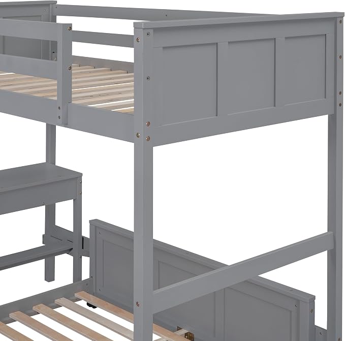 Ball & Cast Twin Over Full Bunk Bed with Safty Guardrail & Stairway,Heavy Duty Wood Loft Bedframe W/Desk & Drawers,Easy Assembly,Versatile Functional Bedroom Furniture Set for Boy Girl Teens,Gray