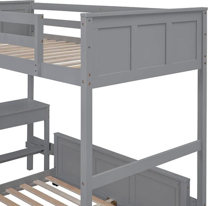 Ball & Cast Twin Over Full Bunk Bed with Safty Guardrail & Stairway,Heavy Duty Wood Loft Bedframe W/Desk & Drawers,Easy Assembly,Versatile Functional Bedroom Furniture Set for Boy Girl Teens,Gray