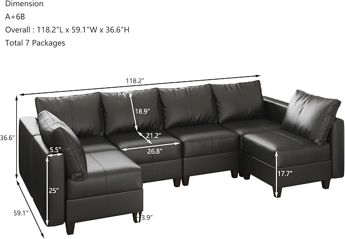 EASE MOOSE Modular Sofa with Storage, Faux Leather Sectional Sofa U Shaped Sectional Couches for Living Room, Black