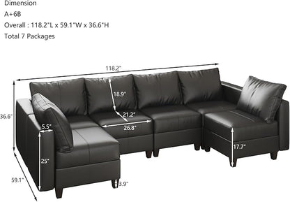 EASE MOOSE Modular Sofa with Storage, Faux Leather Sectional Sofa U Shaped Sectional Couches for Living Room, Black