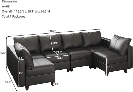 EASE MOOSE Modular Sofa with Storage, Faux Leather Sectional Sofa U Shaped Sectional Couches for Living Room, Black