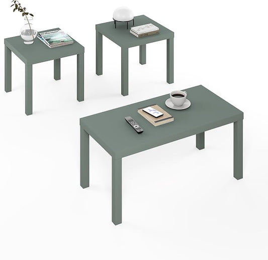 Furinno Classic Living Room Table Set of 3, Modern Rectangle Coffee Table with 2 Square Side Tables, End Tables, 1.8 Inch Thick Tabletop for Living Room, Home Office, Sage Green