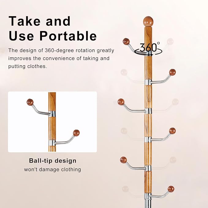 Wooden Coat Rack Freestanding, Hall Tree Hanger With Resin Hooks, Adjustable Heavy Duty Coat Rack for Hanging Clothes Bags Hats in Living Room Bedroom (coat rack, metal-Walnut color)