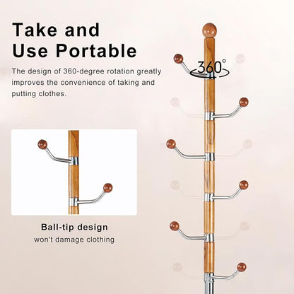 Wooden Coat Rack Freestanding, Hall Tree Hanger With Resin Hooks, Adjustable Heavy Duty Coat Rack for Hanging Clothes Bags Hats in Living Room Bedroom (coat rack, metal-Walnut color)