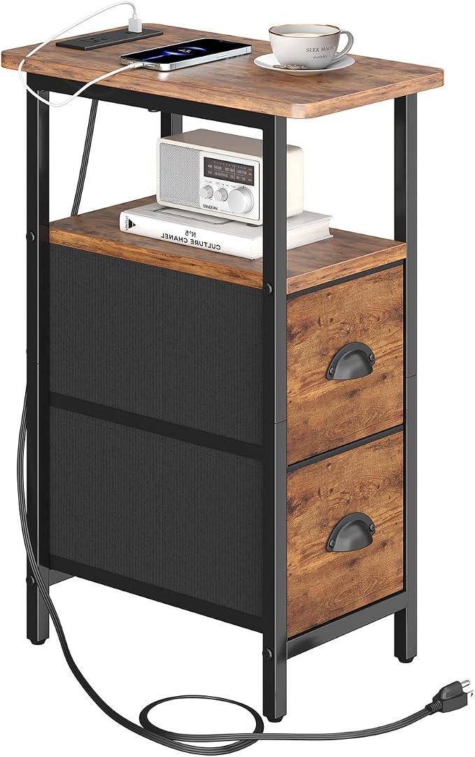sthmec Narrow End Table with Charging Station, Narrow Side Table with 2 Fabric Drawers, Slim Nightstand, Skinny Bedside Table, Small Side Table for Small Spaces, Living Room, Bedroom, Rustic Brown