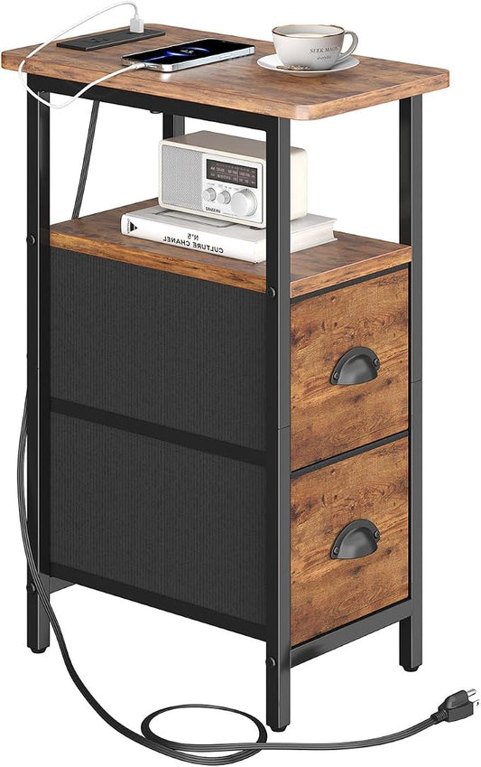 sthmec Narrow End Table with Charging Station, Narrow Side Table with 2 Fabric Drawers, Slim Nightstand, Skinny Bedside Table, Small Side Table for Small Spaces, Living Room, Bedroom, Rustic Brown