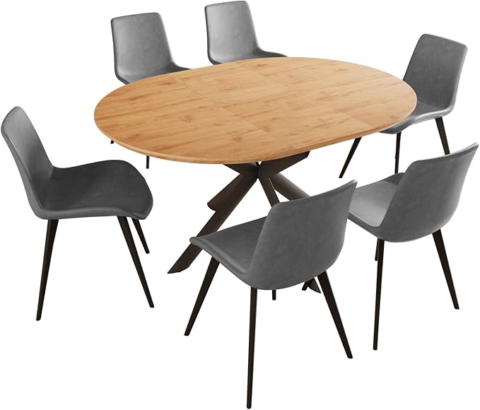 HIPIHOM 43.2"-59.1" Extendable Dining Kitchen Table with 6 PU Chairs | 6 leather chairs included, mid century modern round table, oak MDF top, scratch resistant, space saving design