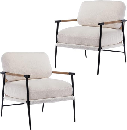 DUOMAY Mid-Century Modern Accent Chair Set of 2, Comfy Sherpa Sofa Lounge Chair Reading Corner Chair for Living Room Bedroom Office, Mid-Back Arm Chair with Black Metal Leg, White