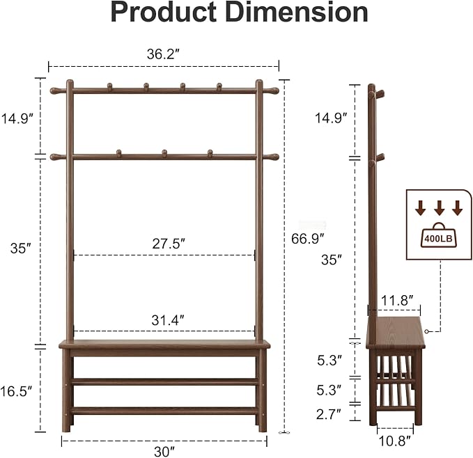 AQIMUELE Coat Rack with Shoe Storage, Wooden Hall Tree with Bench, 11 Hooks and 2-Tier Storage Shelves, 3-in-1, Entryway Bench with Coat Rack (39.3"-Walnut)