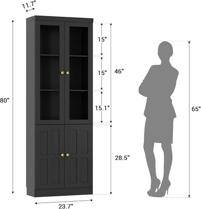 Cyclysio 80" Kitchen Pantry Cabinet with Glass Doors and Adjustable Shelves, Kitchen Cabinet with Thickened Top Panel, Tall Cabinet for Livingroom, Pantry, Bathroom, Black, Set of 2