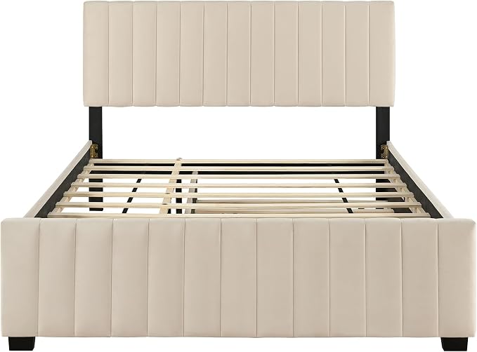 Ball & Cast Queen Bed Frame with Twin XL Size Trundle,Velvet Upholstered Platform Bed Frame Queen Size with Channel Tufted Headboard,Wood Slats Support,No Box Spring Needed,Easy Assembly,Beige