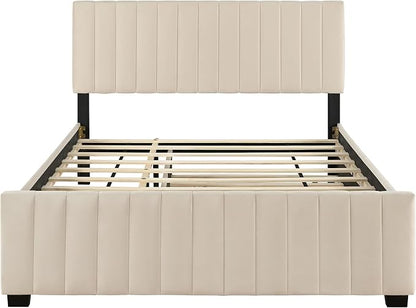 Ball & Cast Queen Bed Frame with Twin XL Size Trundle,Velvet Upholstered Platform Bed Frame Queen Size with Channel Tufted Headboard,Wood Slats Support,No Box Spring Needed,Easy Assembly,Beige