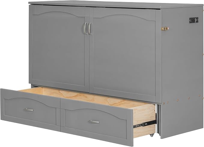 Ball & Cast Wall Bed Queen Size Murphy Beds with Drawer and a Set of Sockets,Multi-Functional Hideaway Cabinet w/USB Ports,Pulley Structure Design,Space Saving for Bedroom,Apartment,Studio,Gray
