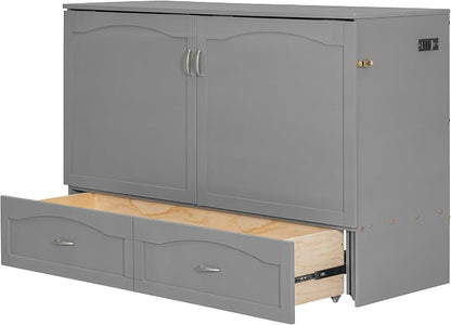 Ball & Cast Wall Bed Queen Size Murphy Beds with Drawer and a Set of Sockets,Multi-Functional Hideaway Cabinet w/USB Ports,Pulley Structure Design,Space Saving for Bedroom,Apartment,Studio,Gray