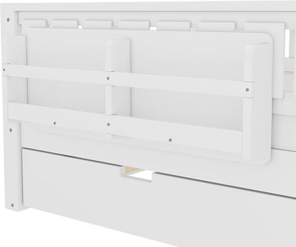 Bellemave Twin Size Kids Bed with high Rails and with Built-in Bookshelf and Trundle for Kids, Girls, Boys, Wood Montessori Bed Without Door, White