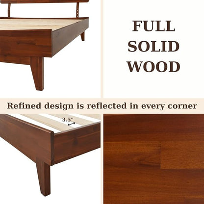 Bme Caden Queen Bed Frame and Adjustable Headboard, 15 Inch Mid Century Retro Style - Solid Acacia Wood - No Box Spring Needed - 12 Strong Wood Slat Support - Easy Assembly - Dark Chocolate