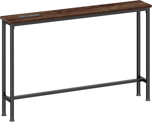 SUPERJARE 5.7 Inch Console Table with Outlet, Sofa Table, Behind Couch Table, 5.7 x 39.4 x 29.7 Inches, Metal Frame, for Living Room, Hallway, Walnut