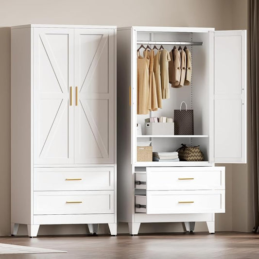 Metal Wardrobe Closet, Armoire Wardrobe with Two Drawers Clothes Cabinet for Bedroom, 71" Tall Farmhouse Steel Armoire Closet with Drawers and 2 Doors Clothing Storage Cabinet with Hanging Rod